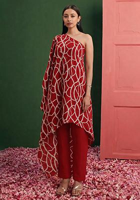 Red Embroidered Georgette Fusion Set