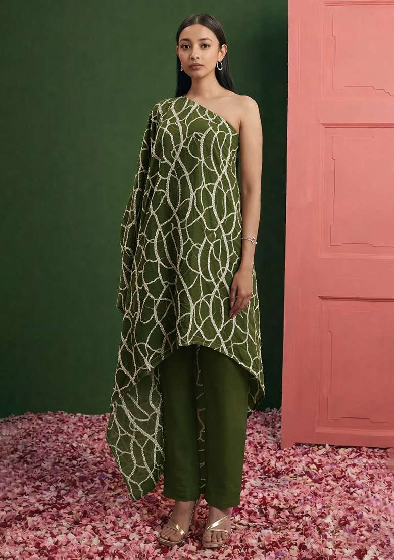 Olive Green Embroidered Georgette Fusion Set - Indya