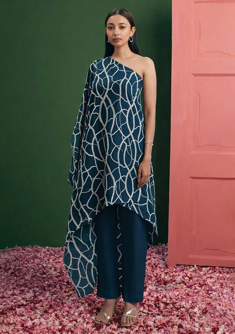 Teal Blue Embroidered Georgette Fusion Set - Indya