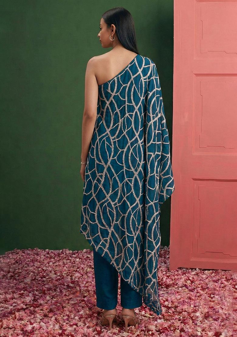 Teal Blue Embroidered Georgette Fusion Set - Indya