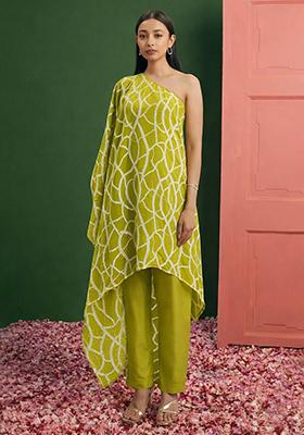Lime Green Embroidered Georgette Fusion Set