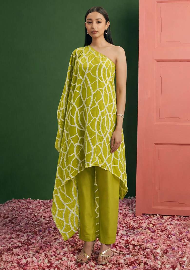 Lime Green Embroidered Georgette Fusion Set - Indya
