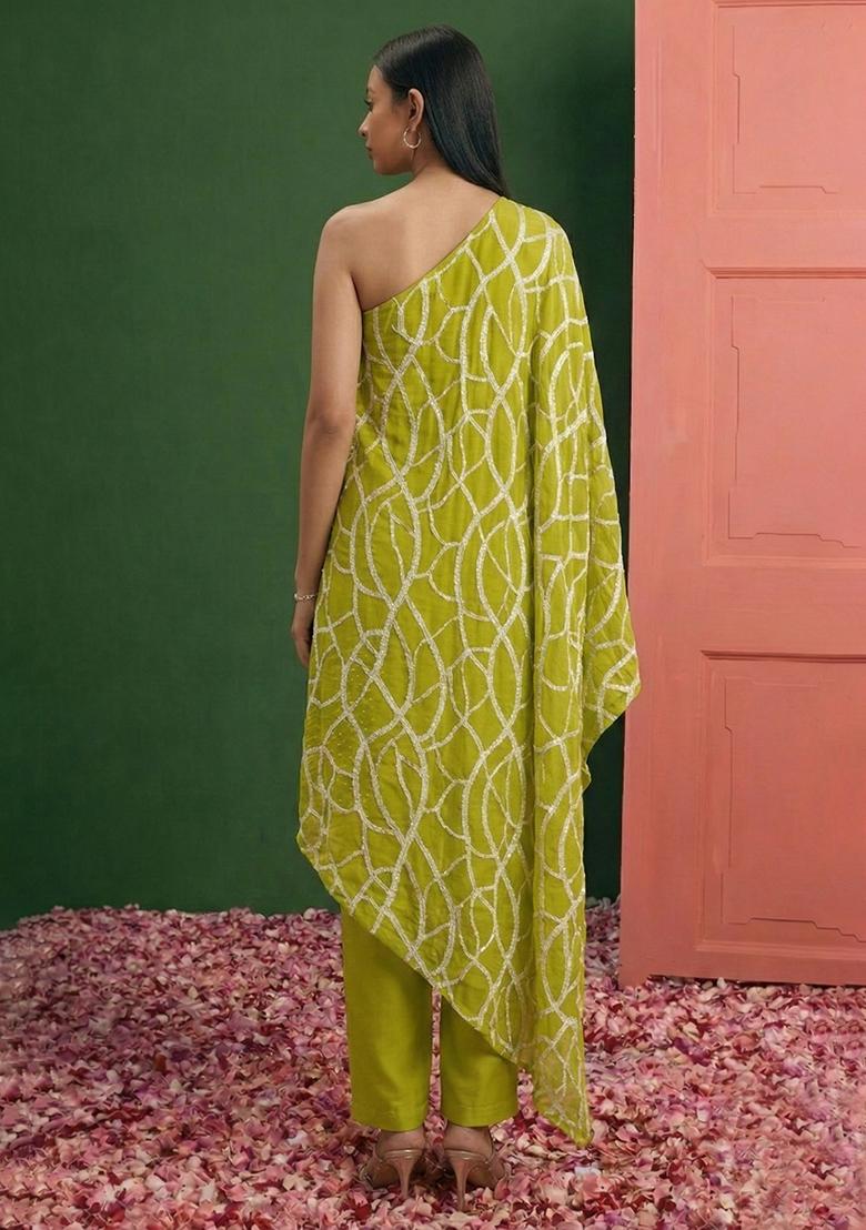 Lime Green Embroidered Georgette Fusion Set - Indya