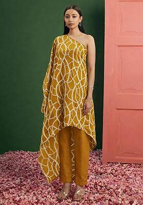 Mustard Embroidered Georgette Fusion Set