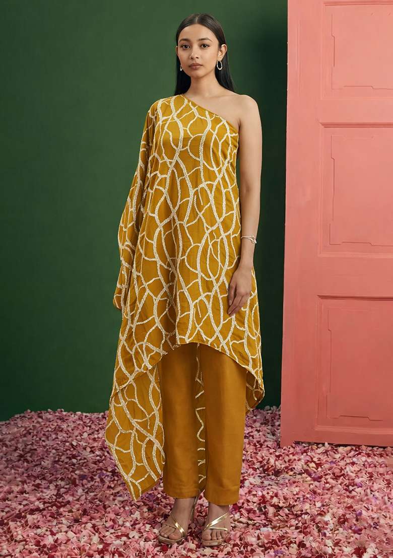 Mustard Embroidered Georgette Fusion Set - Indya