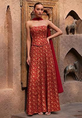 Red Jacquard Silk Fusion Set