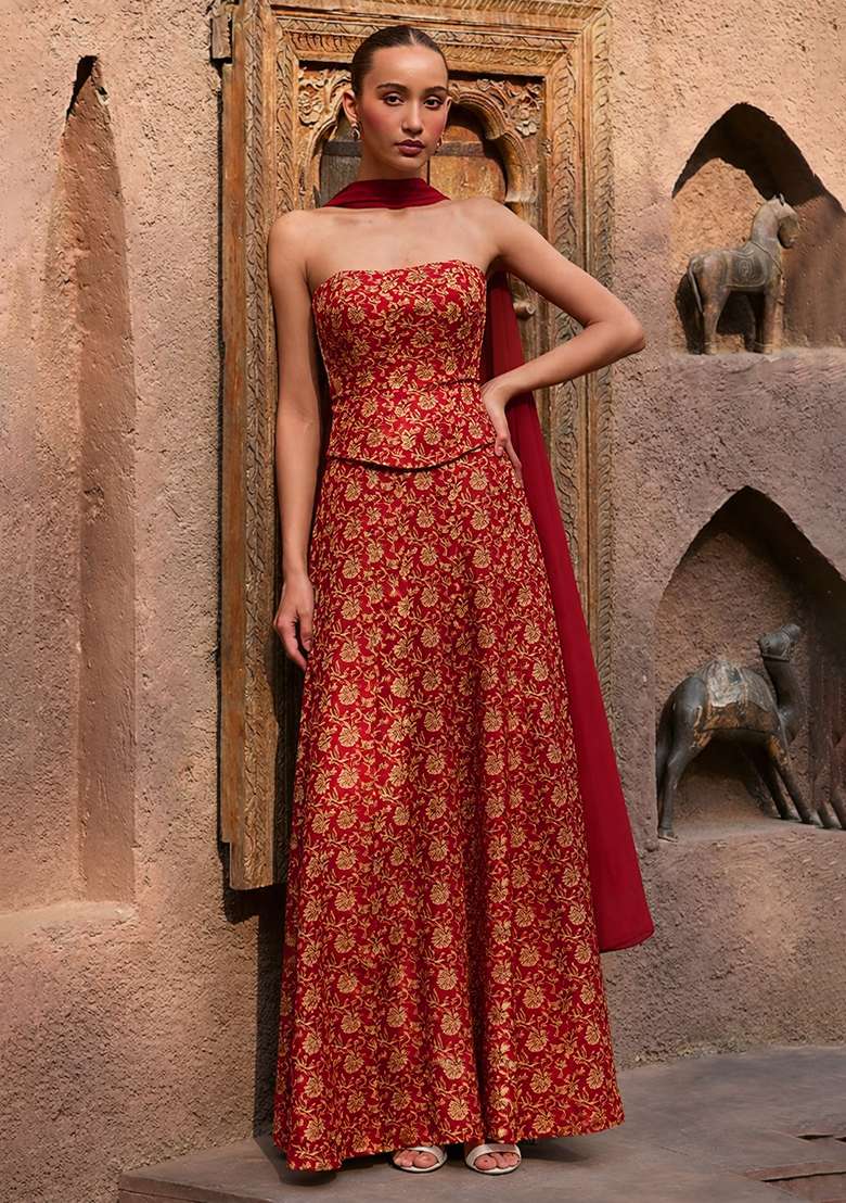 Red Jacquard Silk Fusion Set - Indya