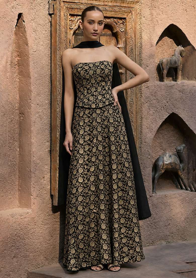 Black Jacquard Silk Fusion Set - Indya