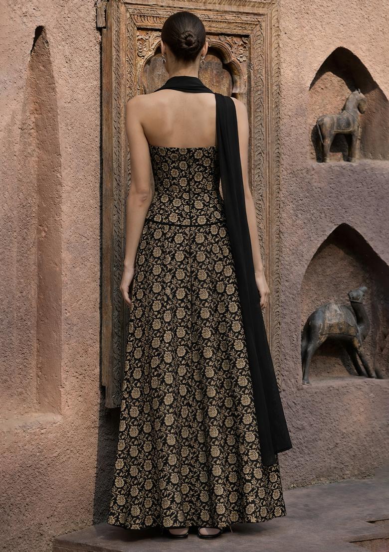Black Jacquard Silk Fusion Set - Indya