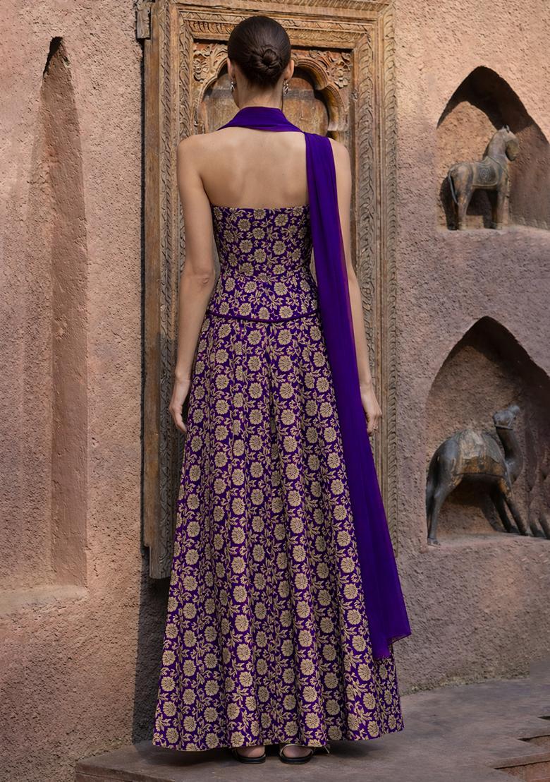 Purple Jacquard Silk Fusion Set - Indya