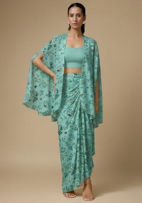 Aqua Green Floral Print Crepe Fusion Set