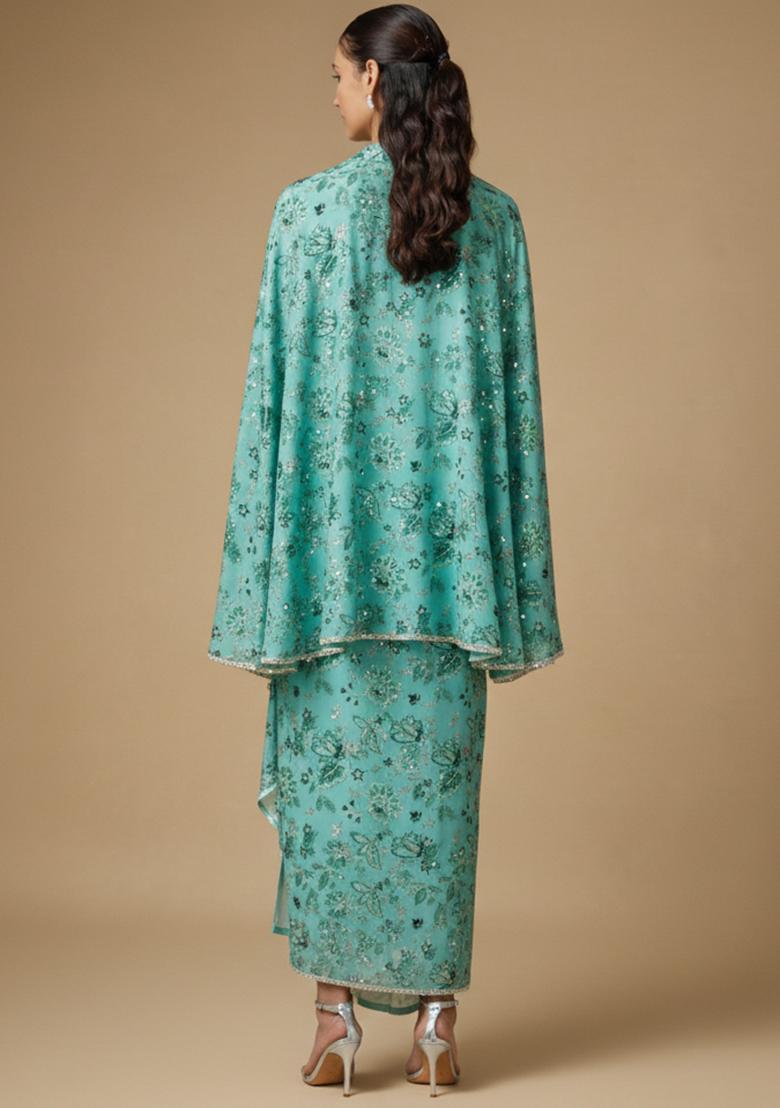 Aqua Green Floral Print Crepe Fusion Set - Indya