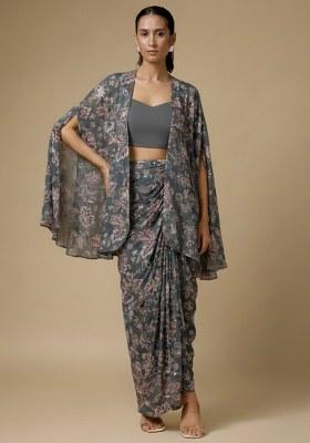Grey Floral Print Crepe Fusion Set