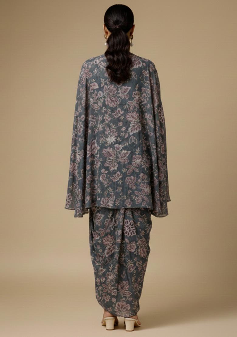 Grey Floral Print Crepe Fusion Set - Indya
