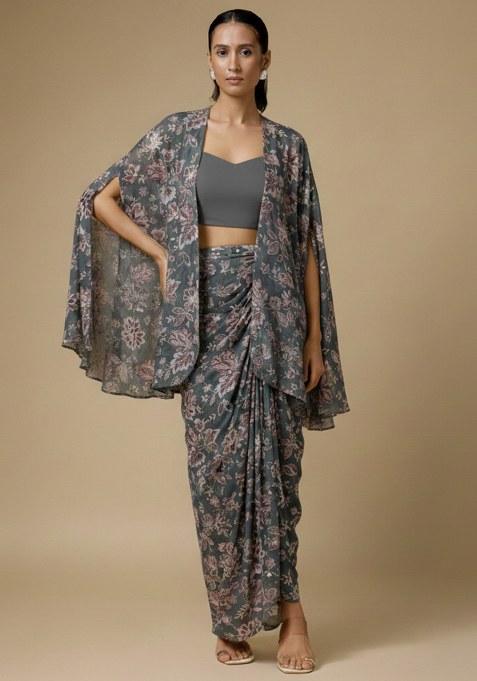 Grey Floral Print Crepe Fusion Set