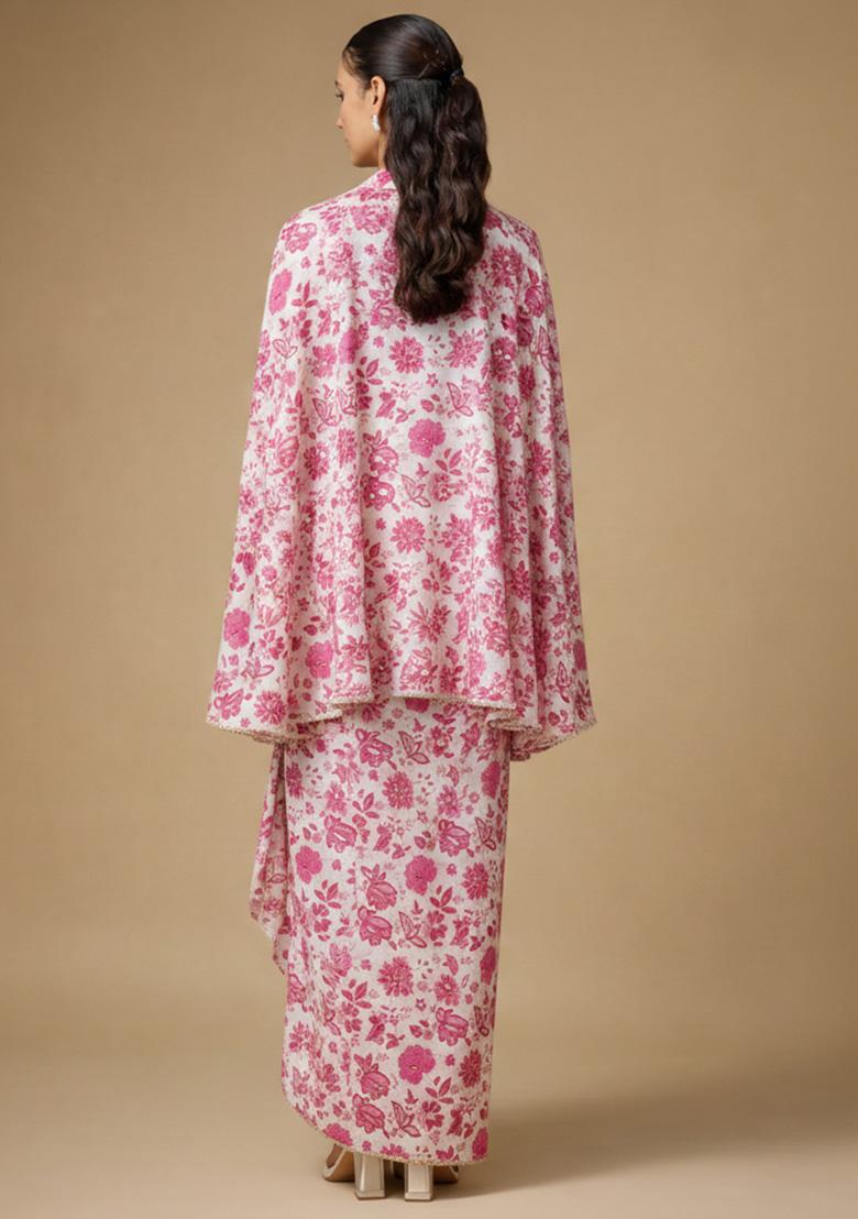 Ivory Floral Print Crepe Fusion Set - Indya