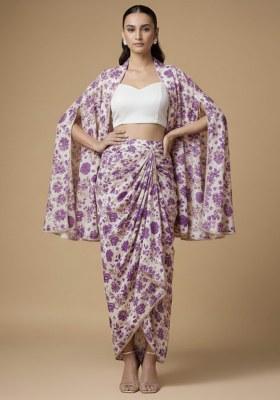 Purple Floral Print Crepe Fusion Set