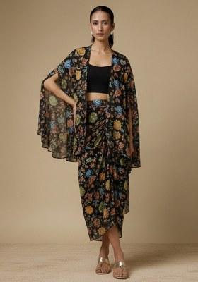 Black Floral Print Crepe Fusion Set