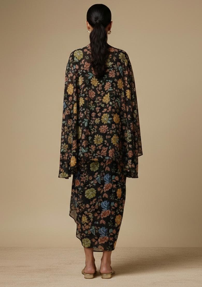 Black Floral Print Crepe Fusion Set - Indya