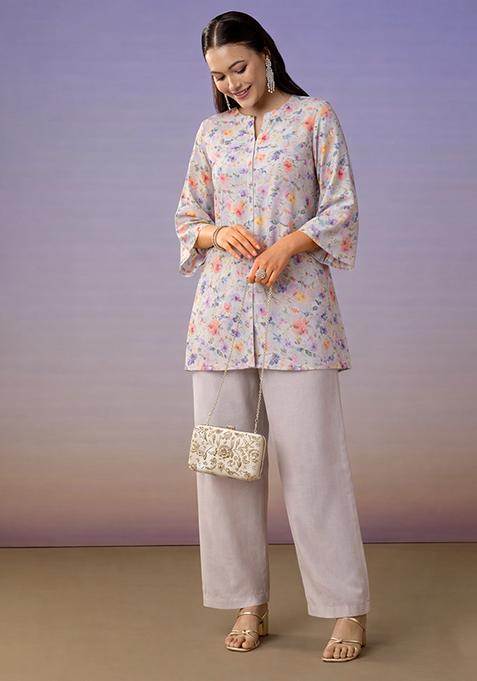 Ivory Floral Print Georgette Straight Kurta Set