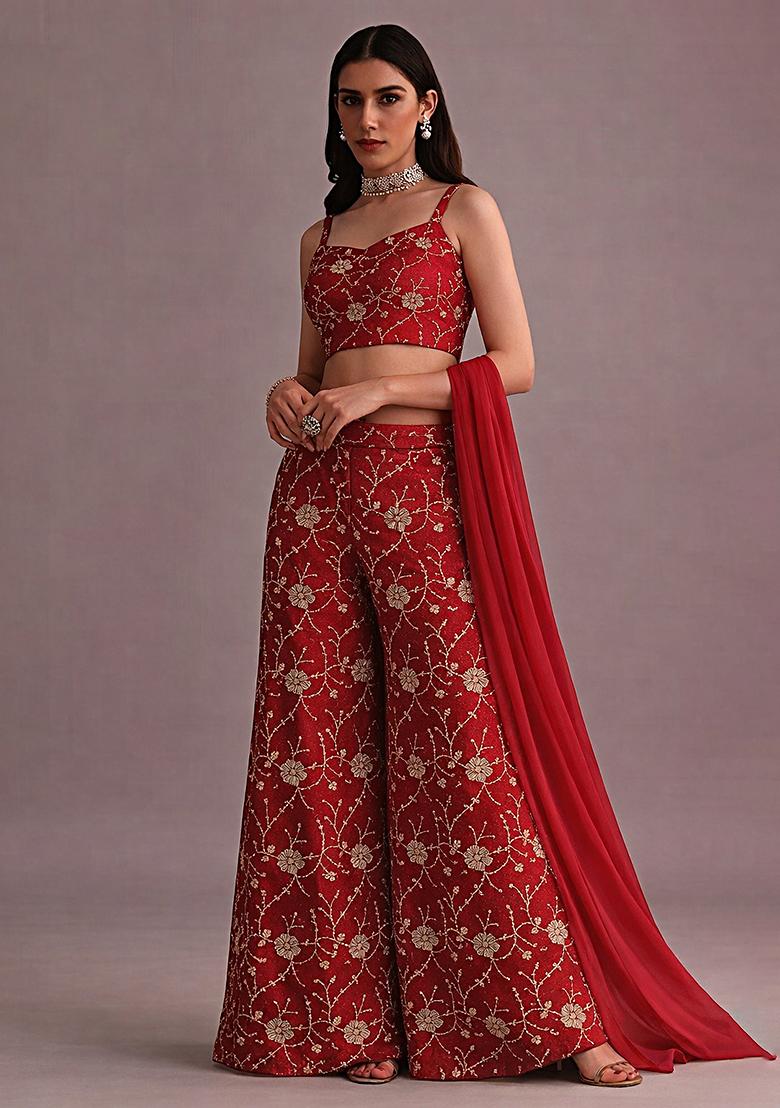 Red Embroidered Silk Fusion Set - Indya