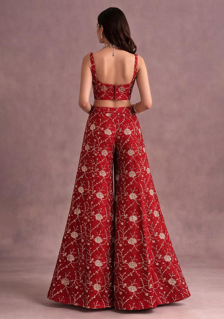 Red Embroidered Silk Fusion Set - Indya