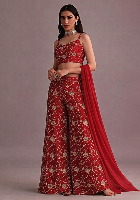 Red Embroidered Silk Fusion Set