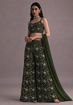 Forest Green Embroidered Silk Fusion Set