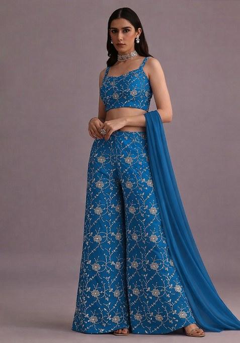 Royal Blue Embroidered Silk Fusion Set