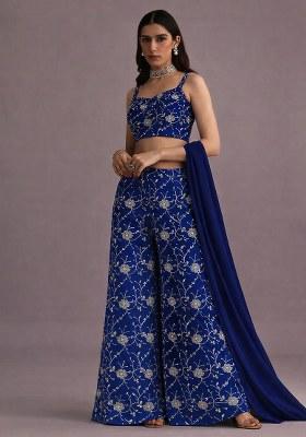 Navy Blue Embroidered Silk Fusion Set