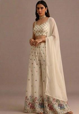 Off White Embroidered Silk Fusion Set