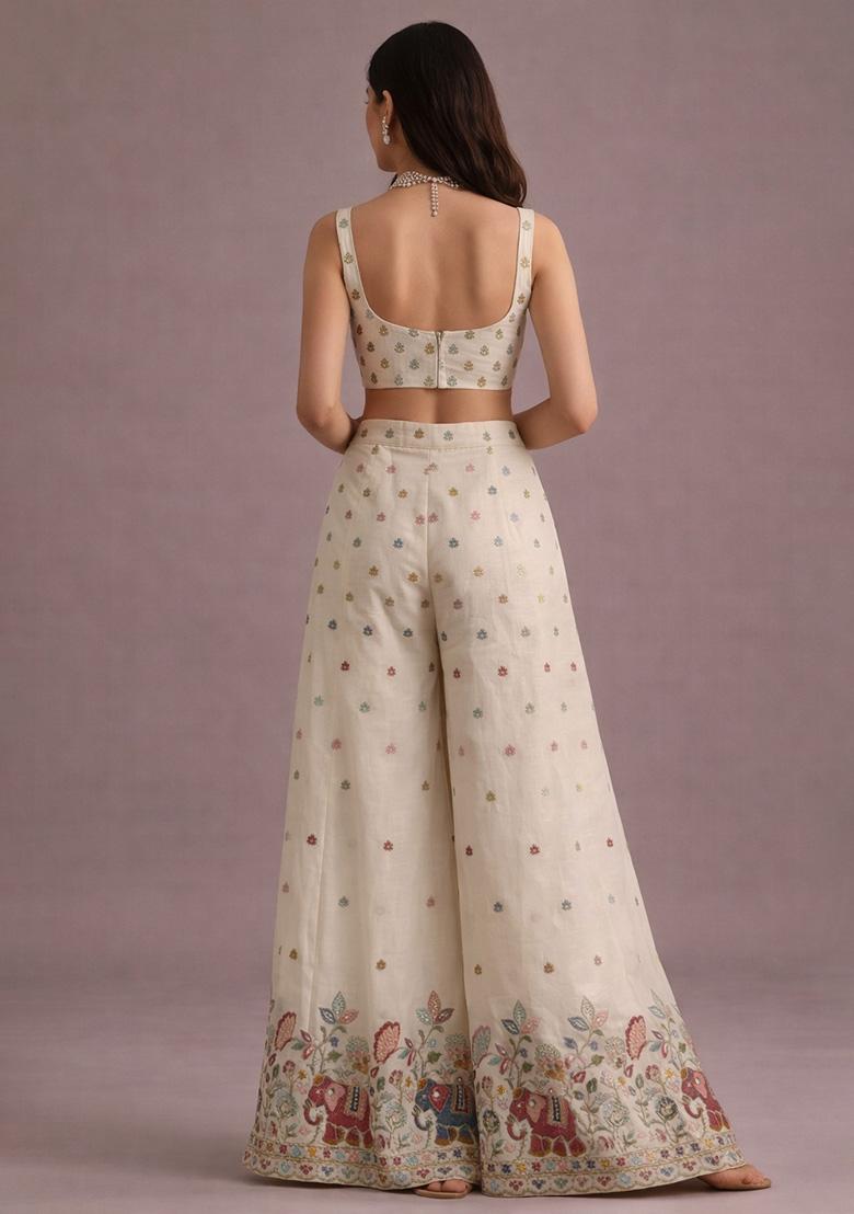 Off White Embroidered Silk Fusion Set - Indya