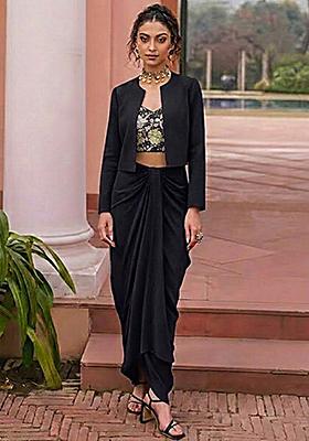 Black Embroidered Crepe Fusion Set