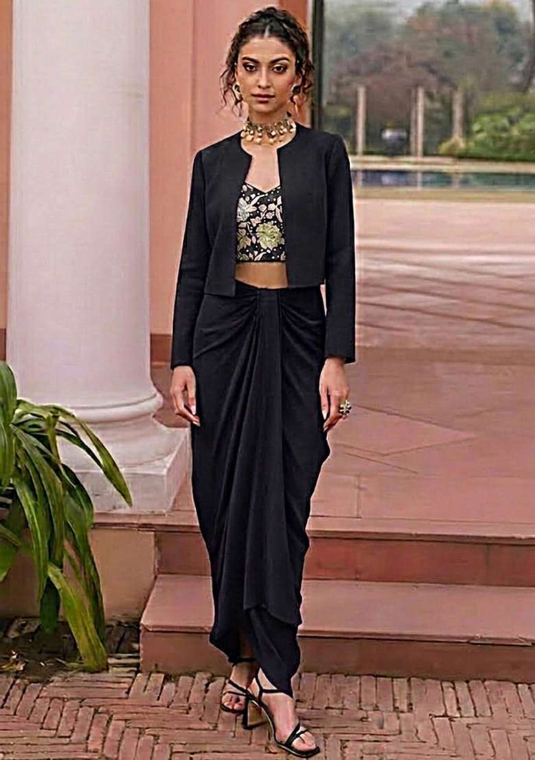 Black Embroidered Crepe Fusion Set - Indya
