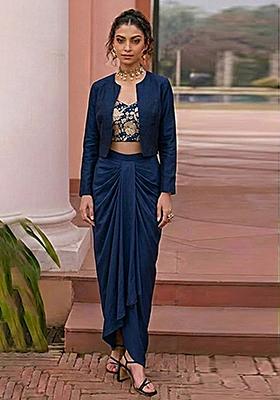 Navy Blue Embroidered Crepe Fusion Set