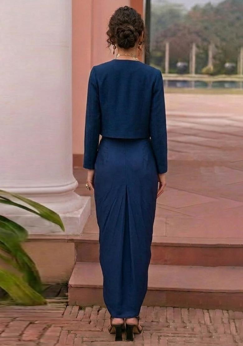 Navy Blue Embroidered Crepe Fusion Set - Indya