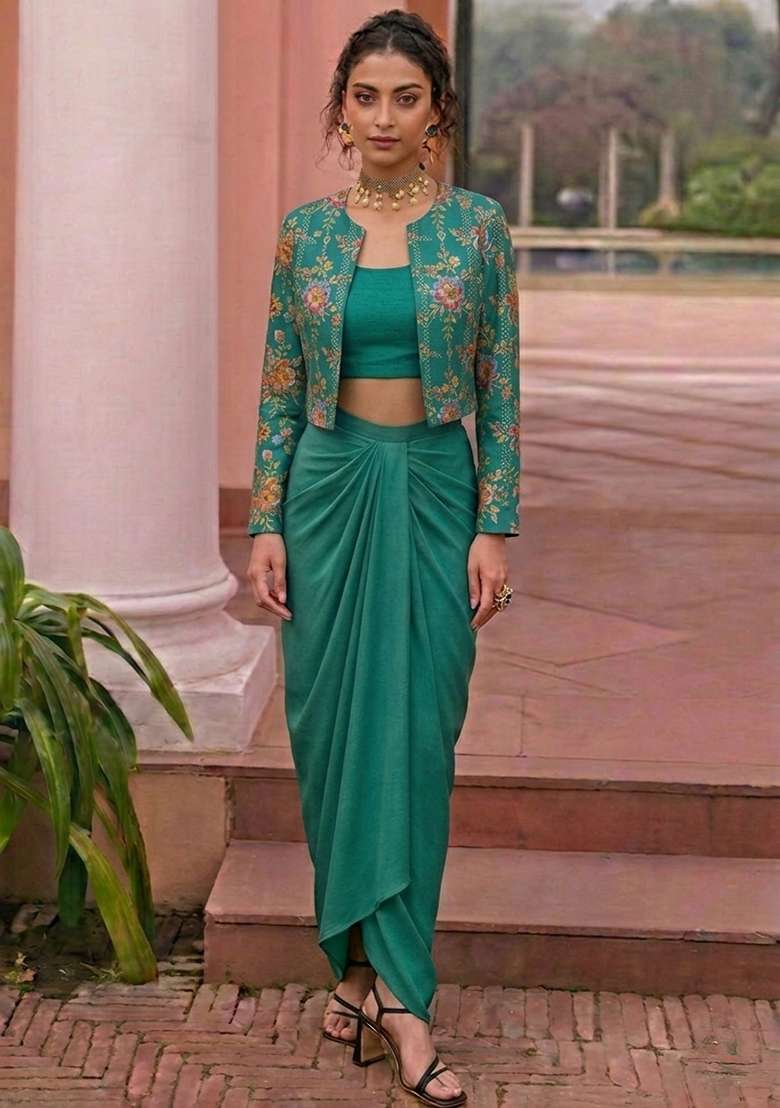 Teal Green Embroidered Crepe Fusion Set - Indya