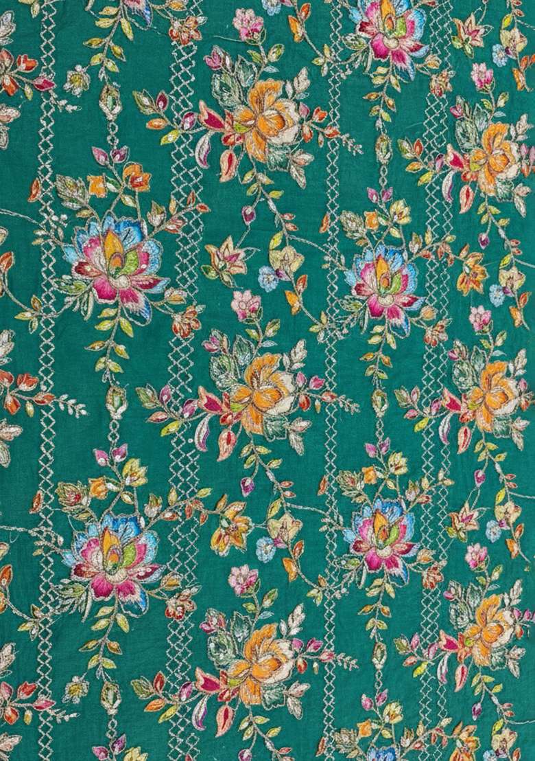 Teal Green Embroidered Crepe Fusion Set - Indya