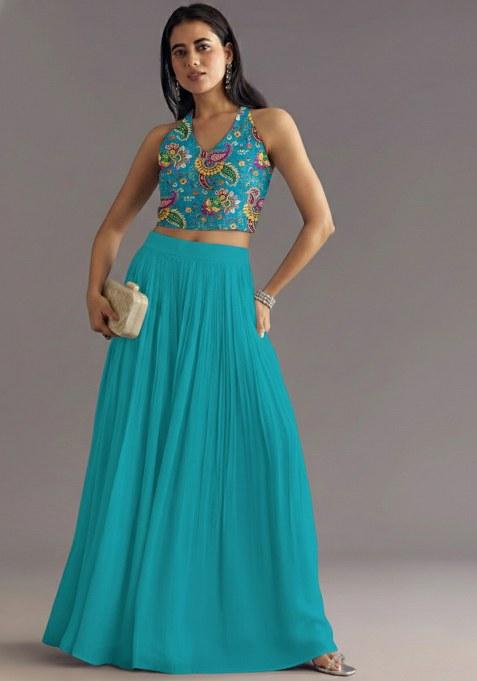 Teal Blue Printed Crepe Lehenga Set