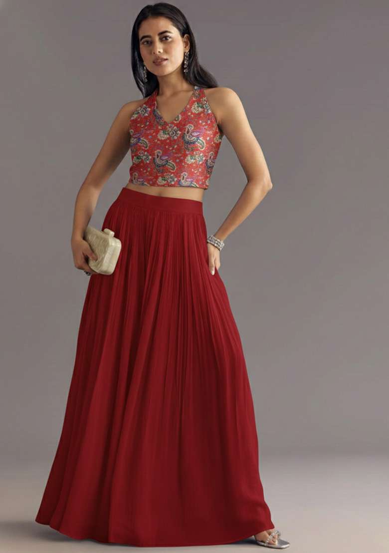 Deep Red Printed Crepe Lehenga Set - Indya