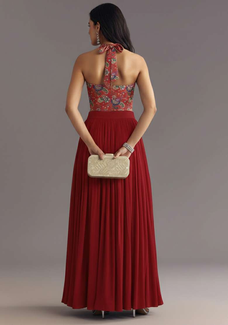 Deep Red Printed Crepe Lehenga Set - Indya