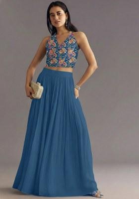 Dusty Blue Printed Crepe Lehenga Set