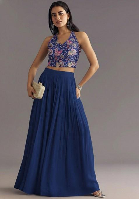 Navy Blue Printed Crepe Lehenga Set