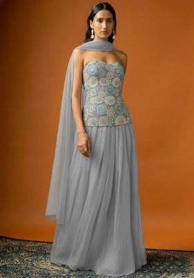 Grey Embroidered Crepe Lehenga Set