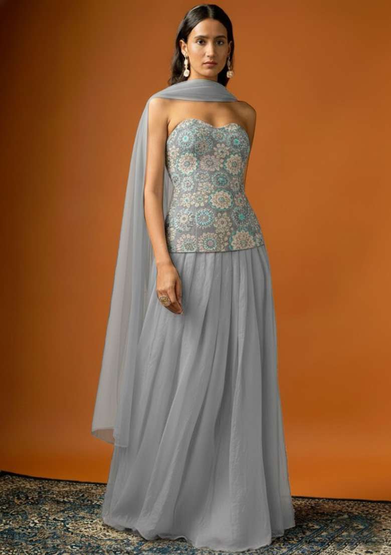Grey Crepe Lehenga Set with Embroidered for Diwali | Wedding & Festive Wear - Indya