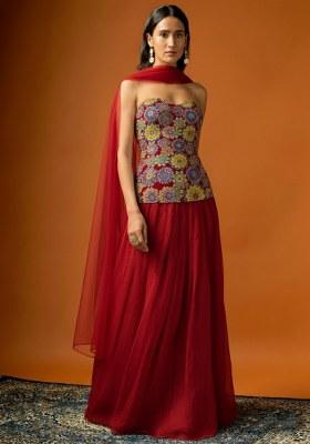 Red Embroidered Crepe Lehenga Set