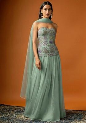 Mint Green Embroidered Crepe Lehenga Set