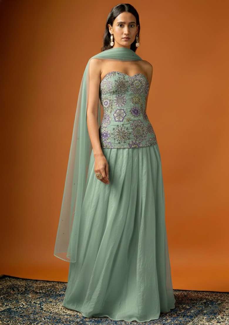 Mint Green Embroidered Crepe Lehenga Set - Indya