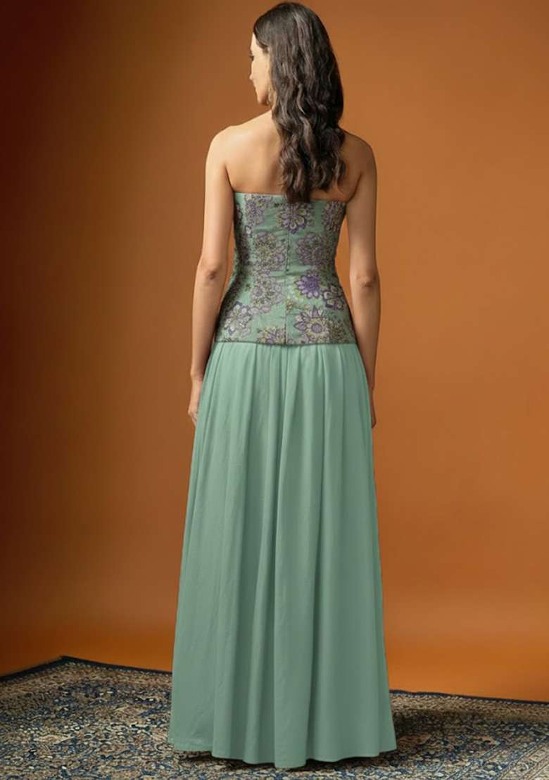 Mint Green Embroidered Crepe Lehenga Set - Indya