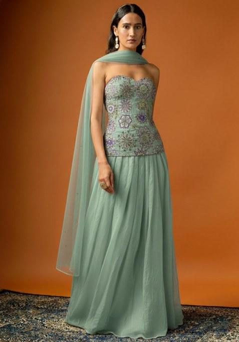 Mint Green Embroidered Crepe Lehenga Set